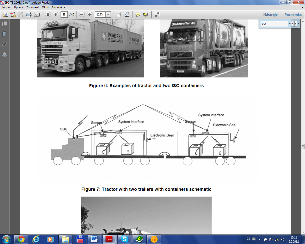 Figure 1 – Communication diagram – a tractor unit with semi-trailer and trailer and two loaded containers with items monitored by sensors (Fig. 7 of the source standard)